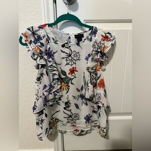 Anthropologie Belle Vere Floral Ruffle Top Women Size XS White